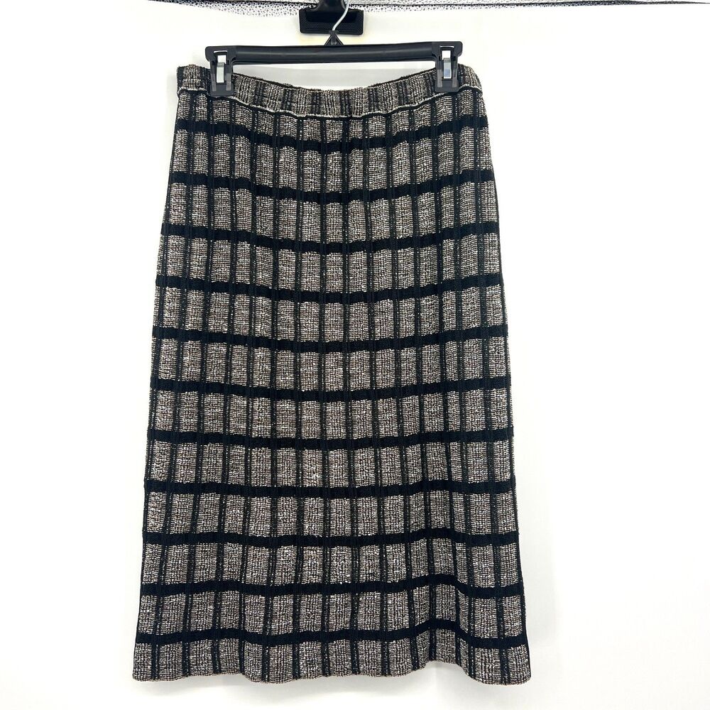 Ming Wang Womens M Knit Midi Skirt Black Tan Windowpane Plaid Pull-On Stretch